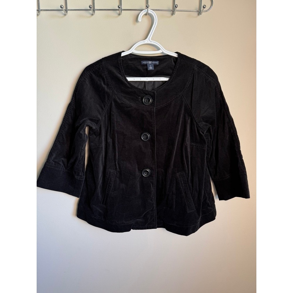 Gap Women's 10 Black Velvet Button Front Cropped Jacket 3/4 Sleeve Chic Luxe